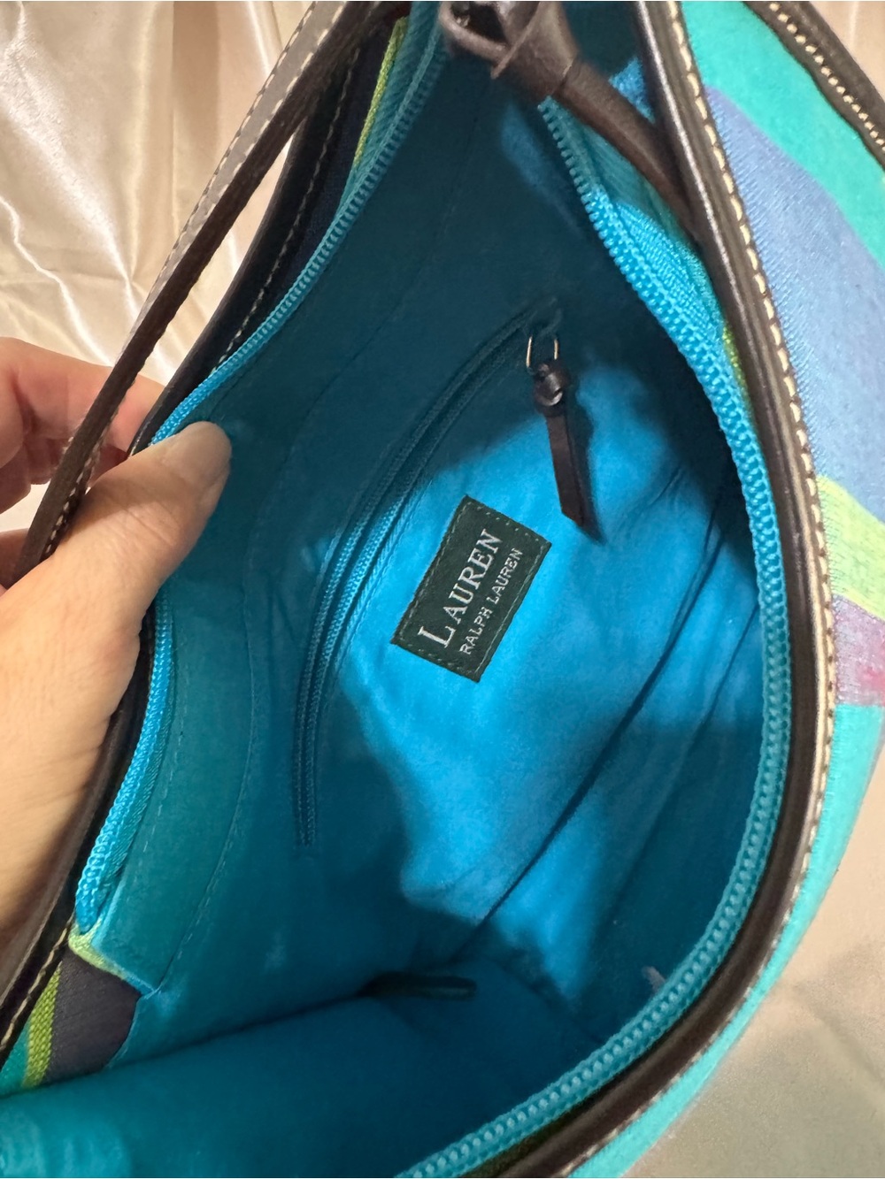 Lauren Ralph Lauren Teal Plaid Shoulder Bag with leather Trim - Picture 14 of 16